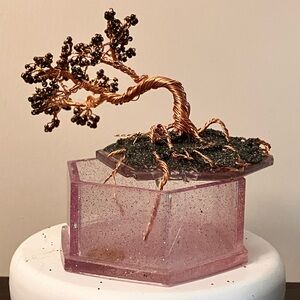🌳 Copper Bonsai Tree Sculpture & Lavender Resin Keepsake Box Handmade Zen Gift